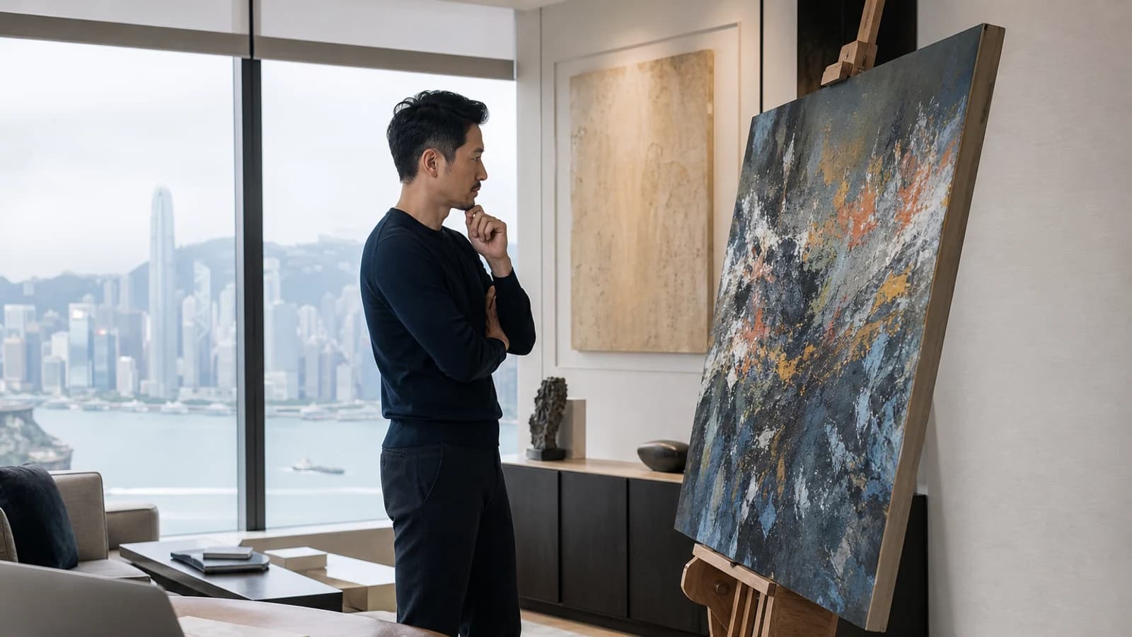Art collector in Hong Kong apartment researching a contemporary painting.
