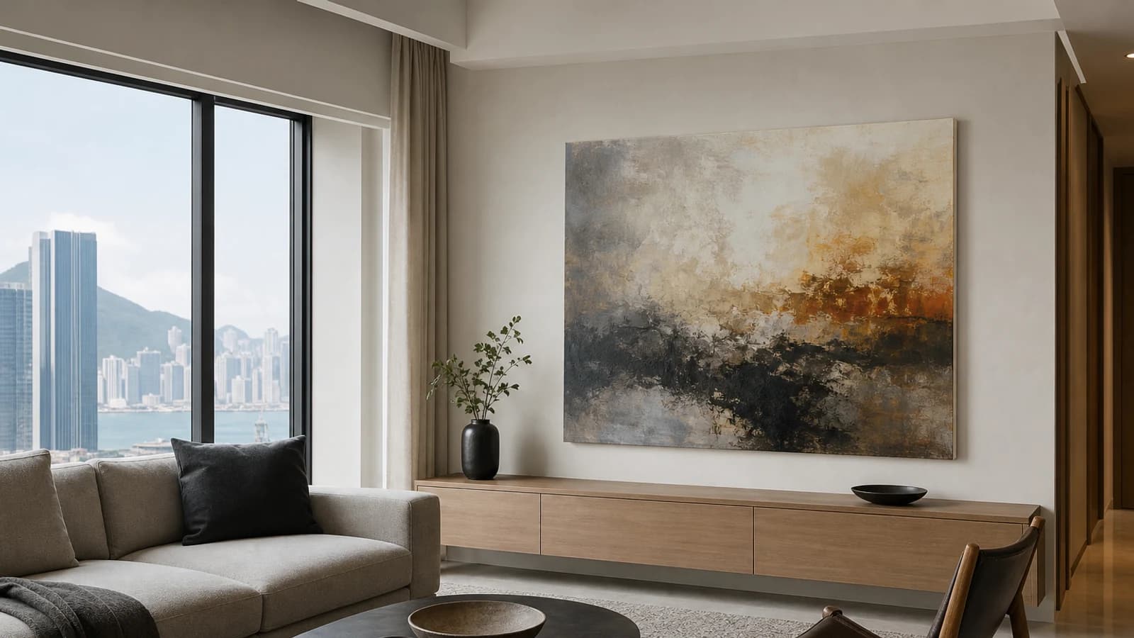 Unframed canvas painting hanging in a stylish Hong Kong living room with minimalist decor.